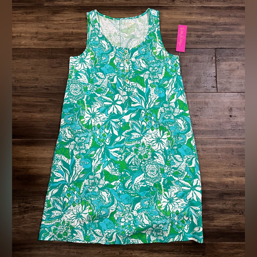 Lilly Pulitzer Lena Henley botanical green safari summer shift tank dress sz M